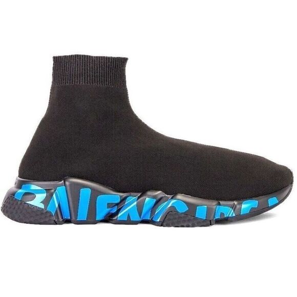 BALENCIAGA Speed LT Graffiti Knit Sock Trainer Sneakers Black Blue  41 - Picture 1 of 8